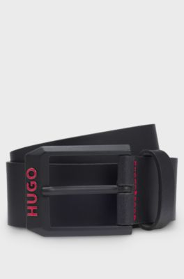 Italian-leather belt with angular logo buckle, Black