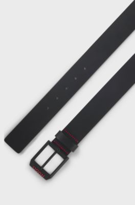 Cintura in pelle italiana con fibbia angolare con logo, Nero