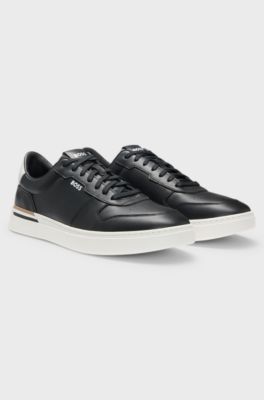 Leather trainers with contrast logos, Black