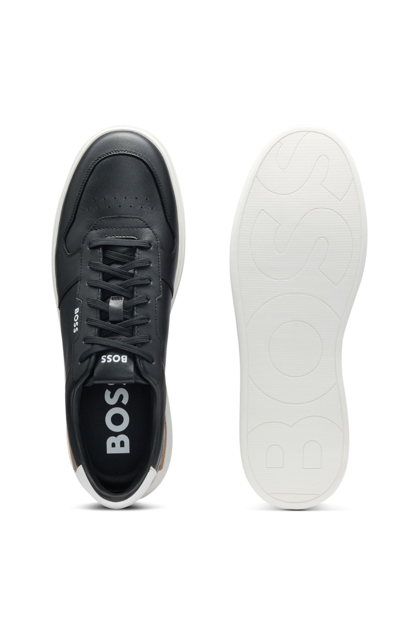 BOSS レザー レースアップスニーカー メッシュディテール BOSS - レースアップスニーカー ポリッシュレザー ロゴ