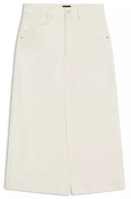 Midi-length skirt in off-white rigid denim