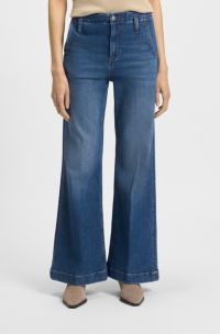 Jeans in denim elasticizzato italiano blu dalla linea aderente e svasata, Blu scuro