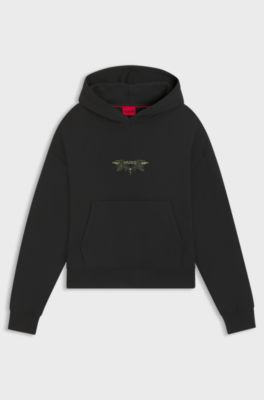 Cotton-terry hoodie with embroidered artwork, Black