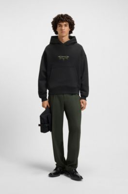 Cotton-terry hoodie with embroidered artwork, Black