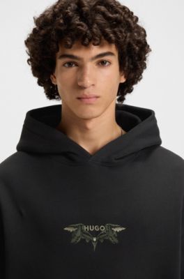 Cotton-terry hoodie with embroidered artwork, Black