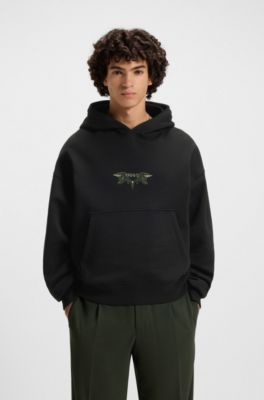 Cotton-terry hoodie with embroidered artwork, Black