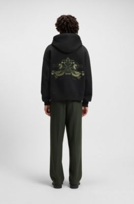 Cotton-terry hoodie with embroidered artwork, Black