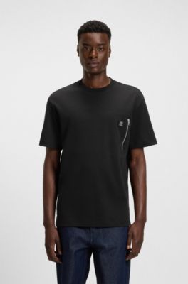 Interlock-cotton T-shirt with zip pocket, Black