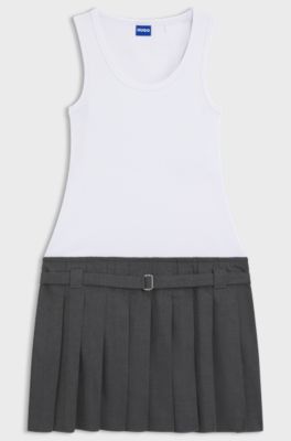 Vestito smanicato a coste con gonna a pieghe, Bianco / Grigio