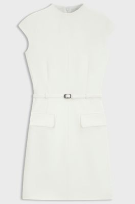 Shift dress with pockets and belt detail, White