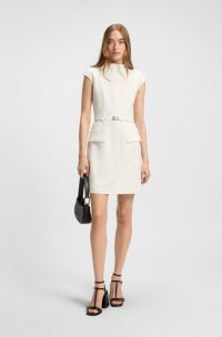 Shift dress with pockets and belt detail, White