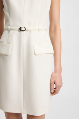 Shift dress with pockets and belt detail, White