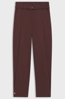 Tapered-fit trousers in cotton twill with belt, Dark Brown