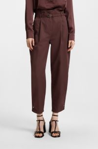 Tapered-fit trousers in cotton twill with belt, Dark Brown