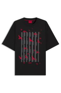 Cotton-jersey T-shirt with bird artwork, Black