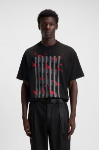 T-shirt in jersey di cotone con grafica con uccelli, Nero