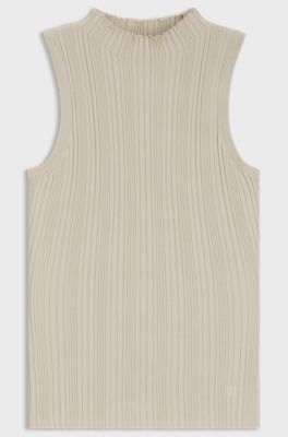 Mock-neck top with irregular ribbing, Light Beige