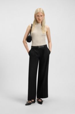 Mock-neck top with irregular ribbing, Light Beige