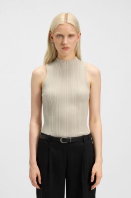 Mock-neck top with irregular ribbing, Light Beige