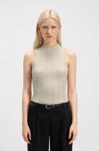 Top à col montant avec côtes irrégulières, Beige clair