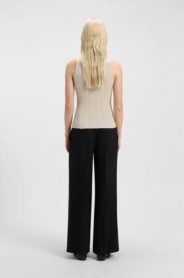 Mock-neck top with irregular ribbing, Light Beige