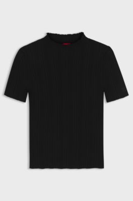 Tr&ouml;ja med oregelbunden ribbstickning och mock neck, Svart
