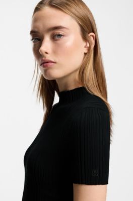 Irregular-rib sweater with mock neck, Black
