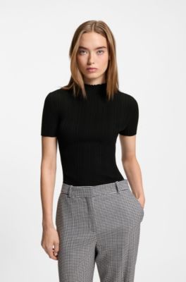 Irregular-rib sweater with mock neck, Black