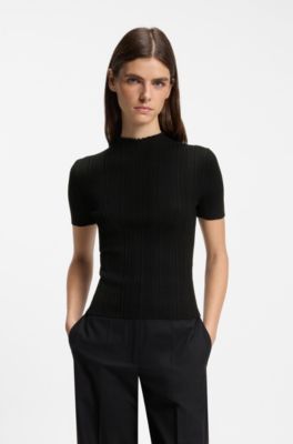 Irregular-rib sweater with mock neck, Black