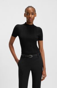 Mock-neck sweater with irregular rib knit, Black