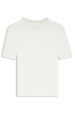 Irregular-rib sweater with mock neck, White