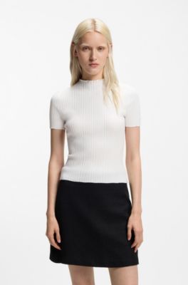 Irregular-rib sweater with mock neck, White