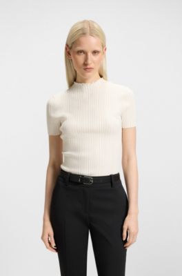 Irregular-rib sweater with mock neck, Natural