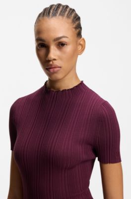 Pullover mit Stehkragen und unregelm&auml;&szlig;igem Rippstrick, Bordeaux