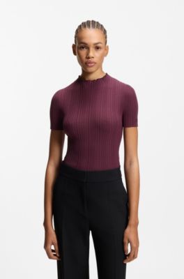 Pullover mit Stehkragen und unregelm&auml;&szlig;igem Rippstrick, Bordeaux