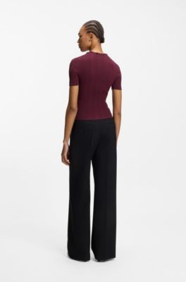 Irregular-rib sweater with mock neck, Dark Red