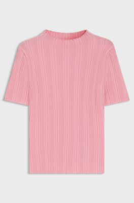 Irregular-rib sweater with mock neck, light pink