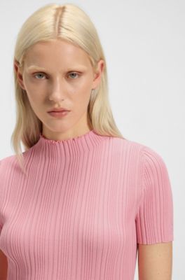 Irregular-rib sweater with mock neck, light pink