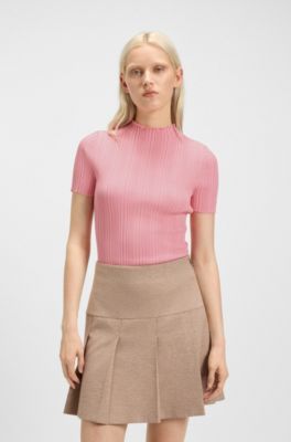 Pull &agrave; col montant et c&ocirc;tes irr&eacute;guli&egrave;res, Rose clair