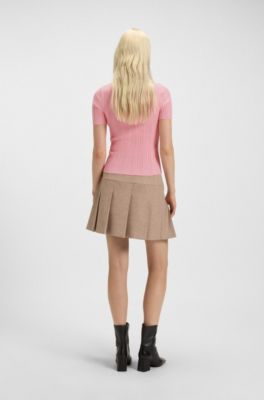 Irregular-rib sweater with mock neck, light pink
