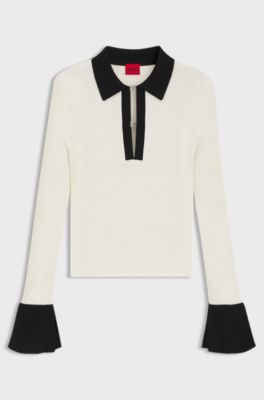 Poloshirt aus Strick mit Stack-Logos an der Blende, Wei&szlig; / Schwarz