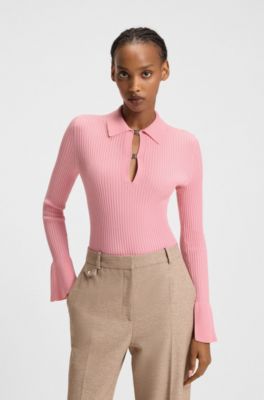 Knit polo with stacked-logo placket closures, light pink