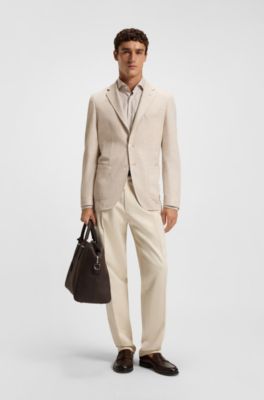Regular-fit patterned blazer with linen and cotton, Natural