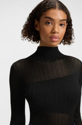 Jersey de cuello medio con contraste transparente y opaco, Negro