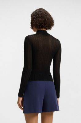 Pullover mit Stehkragen und transparenten und blickdichten Effekten, Schwarz