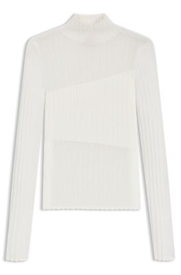 Mock-neck sweater with sheer and solid effects, White