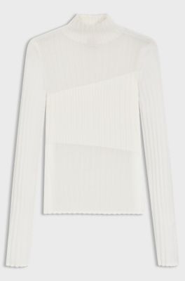 Mock-neck sweater with sheer and solid effects, White