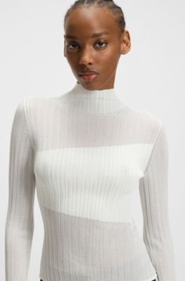 Mock-neck sweater with sheer and solid effects, White