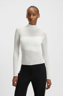 Mock-neck sweater with sheer and solid effects, White