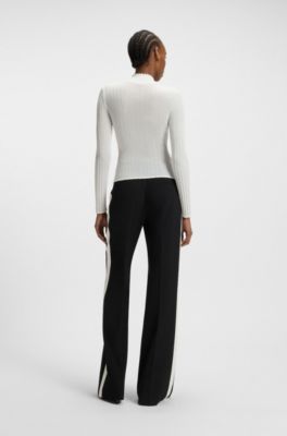 Mock-neck sweater with sheer and solid effects, White